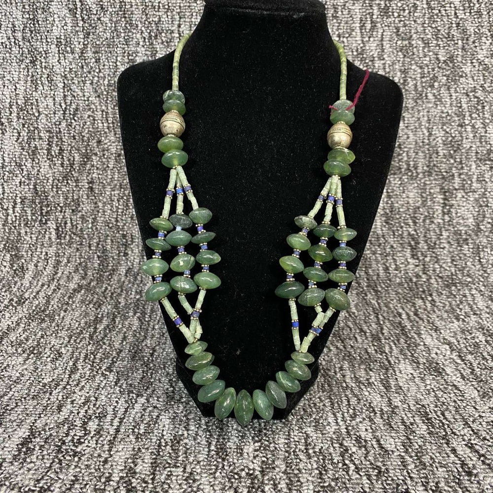 VTG Handmade Afghan Jade Lapis Lazuli Gemstone 3 Strand Necklace Green Stone 23"